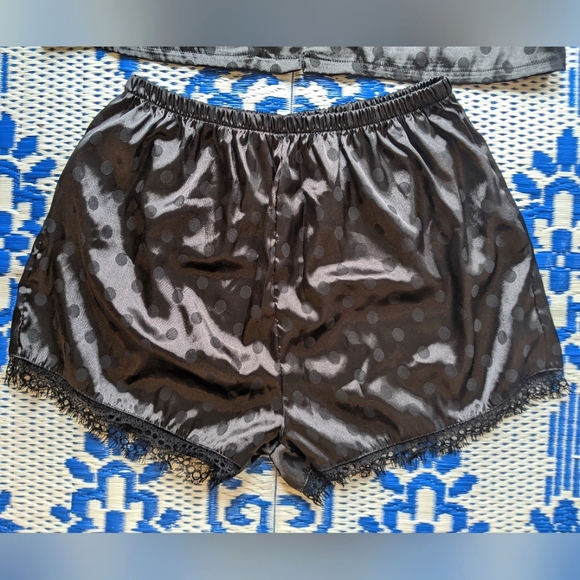 Silky Satin Black Polka Dot Short Sleeve Button Up and Shorts Set with Lace Trim - Picture 3 of 8